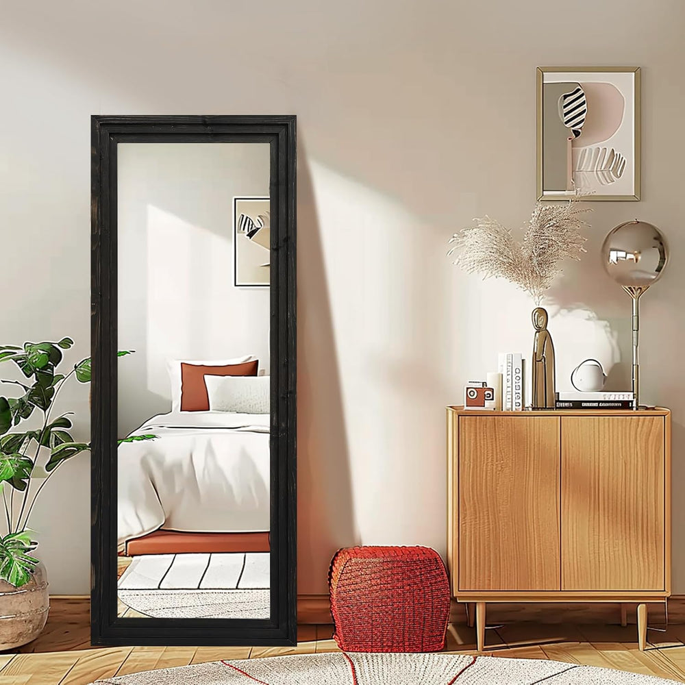 58x22in Full Length Mirror, 3-Tier Stepped Solid Wood Frame, Black