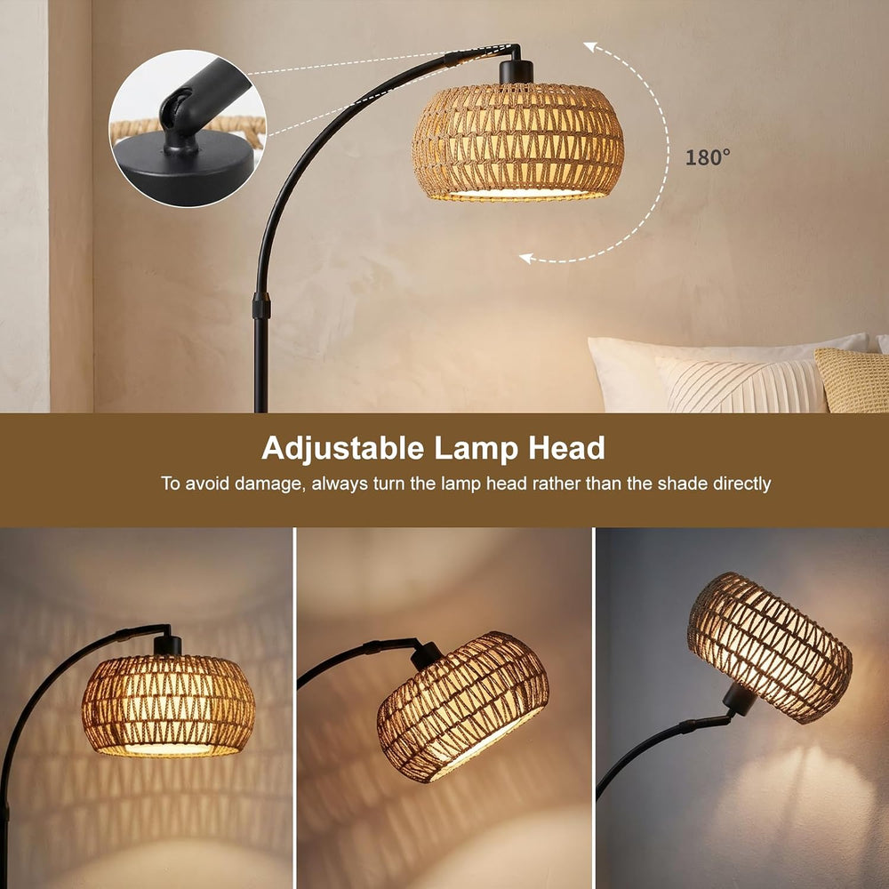 Arc Floor Lamp for Living Room, Rattan Floor Lamp with Remote Control