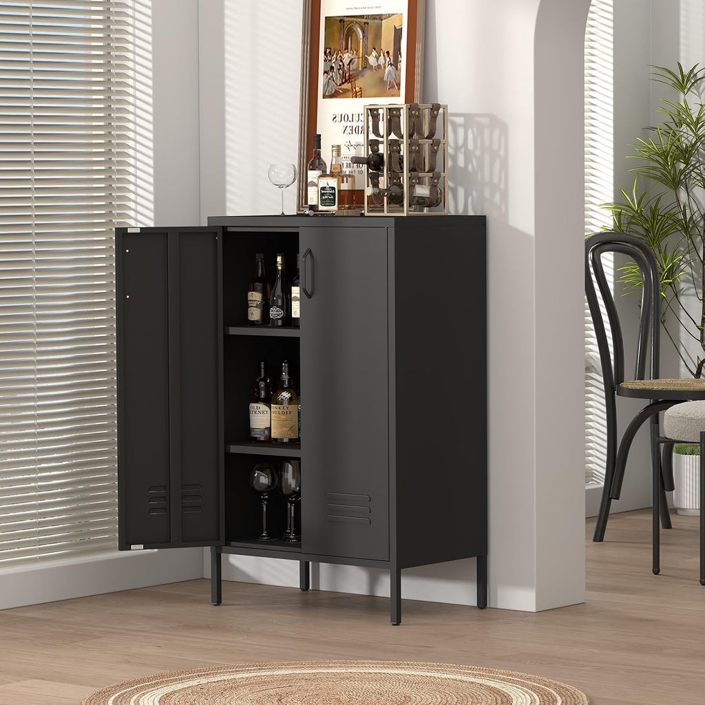 IRONFFICE Metal Storage Cabinet,Metal Cabinets with Doors and Adjustable Shelves,2 Door Storage Cabinets with Legs,Morden Accent Cabinets for Home Office,Black