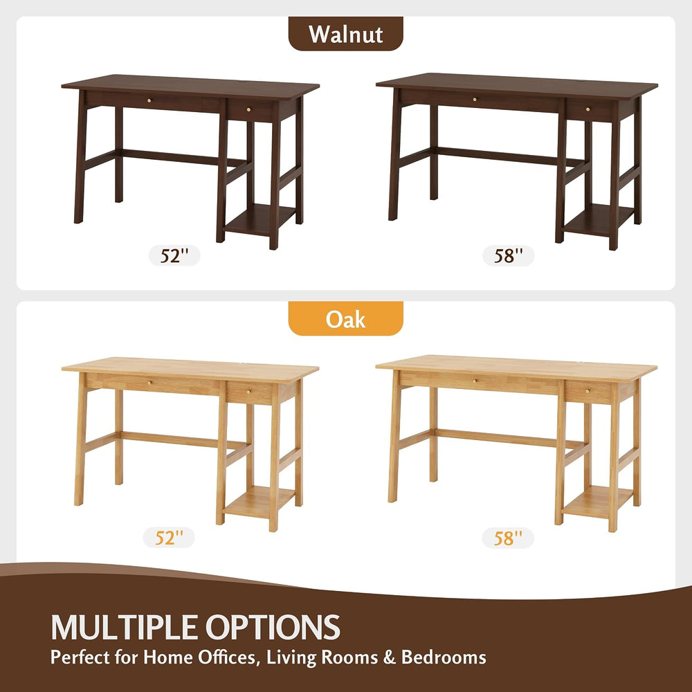 NELYE Solid Wood Writing Desk with Drawer, 58" W x 24" D, Walnut