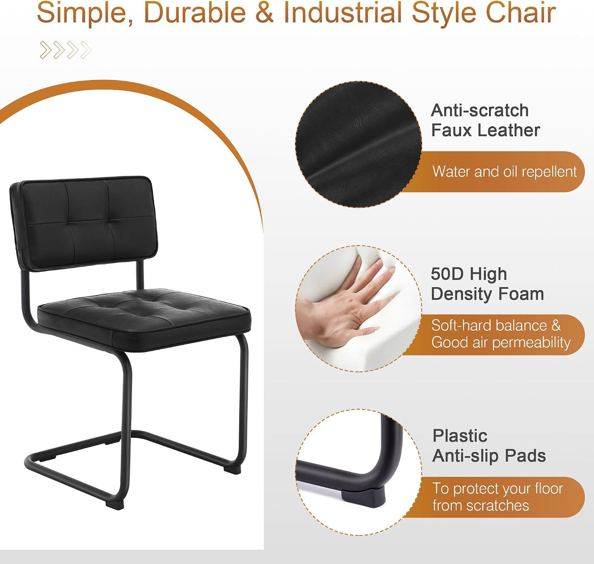 Zesthouse Industrial Metal Dining Chairs Set of 4, Upholstered Faux Leather Kitchen Chairs with Black Metal Base, for Kitchen & Dining Room Living Room, Mid Century Breuer Design Inspired, Black