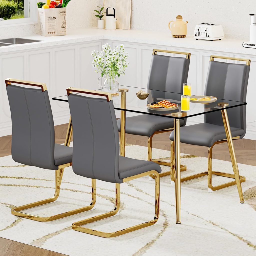 Ebullient Glass Dining Table Set for 4,5 Piece Dining Table and Chairs Set，Modern Kitchen Dining Room Table with 4 PU Leather Chairs,Dinner Table Set