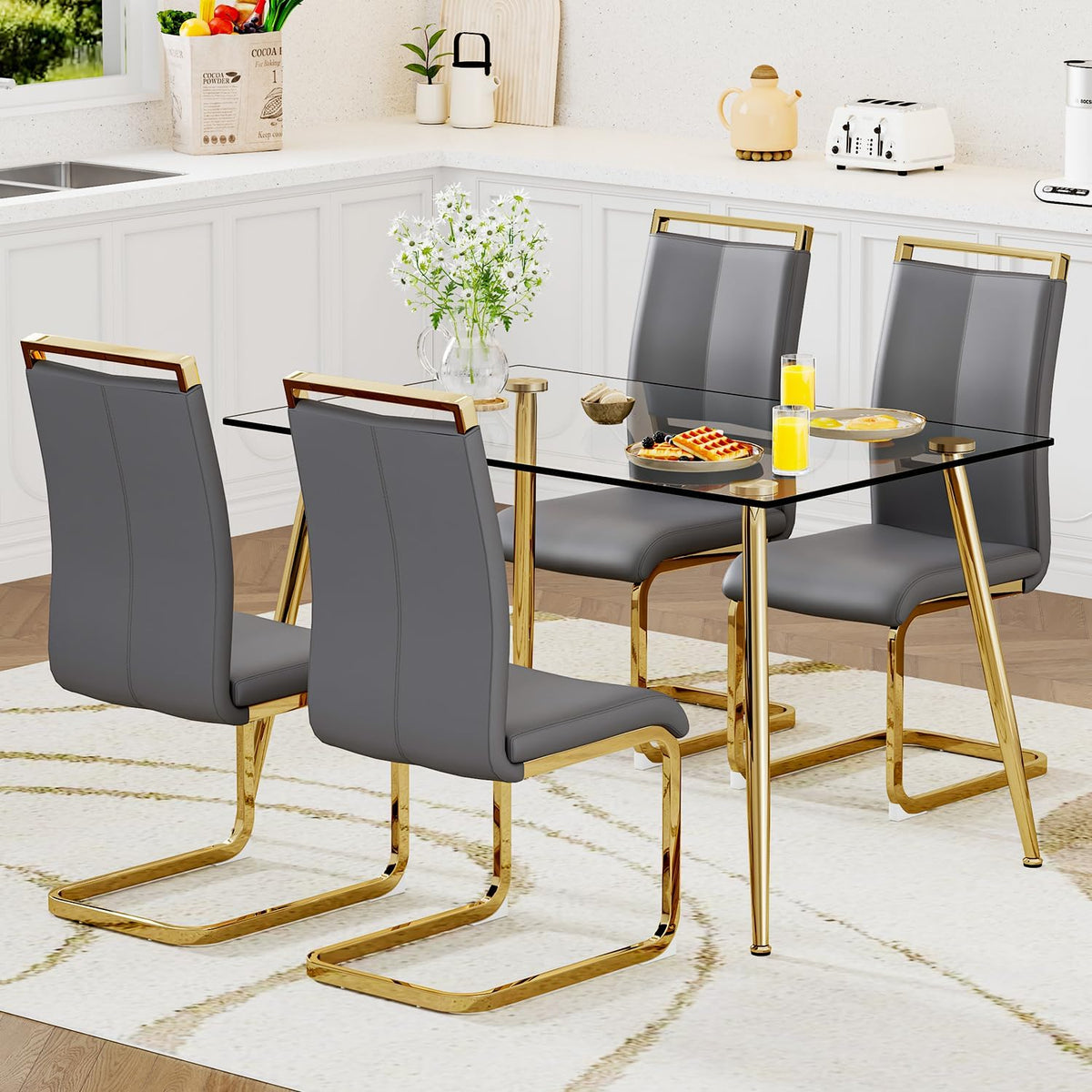 Ebullient Glass Dining Table Set for 4,5 Piece Dining Table and Chairs Set，Modern Kitchen Dining Room Table with 4 PU Leather Chairs,Dinner Table Set
