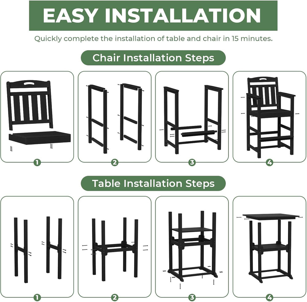 Outdoor Bistro Bar Set, Patio High Top Table and Bar Height Tall Adirondack C...