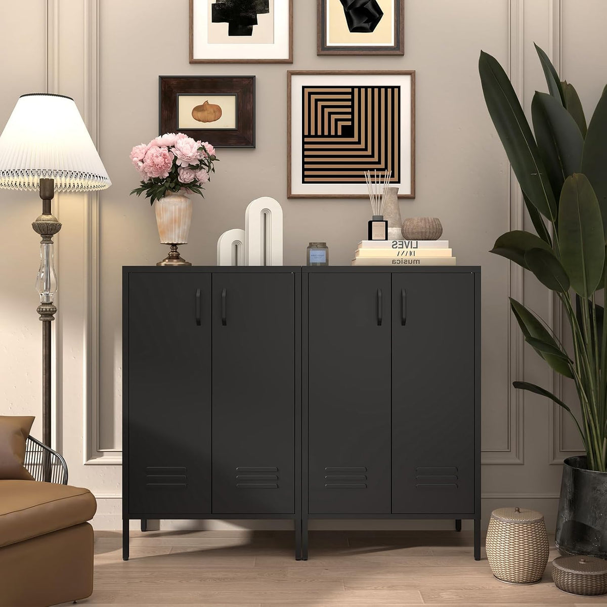 IRONFFICE Metal Storage Cabinet,Metal Cabinets with Doors and Adjustable Shelves,2 Door Storage Cabinets with Legs,Morden Accent Cabinets for Home Office,Black