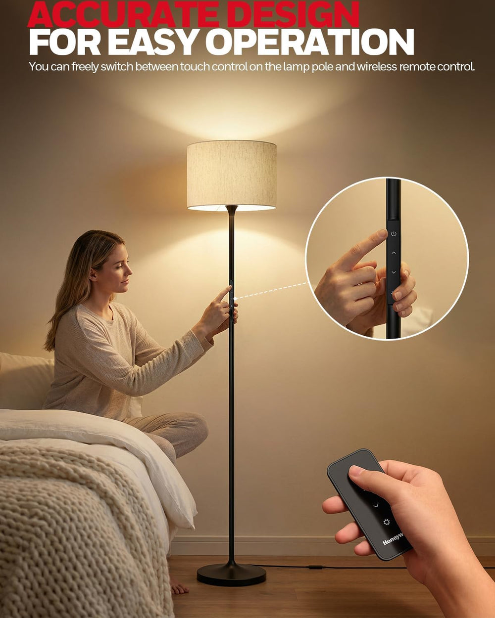 Honeywell F3 LED Floor Lamp, Dimmable Standing Lamp with Remote Control