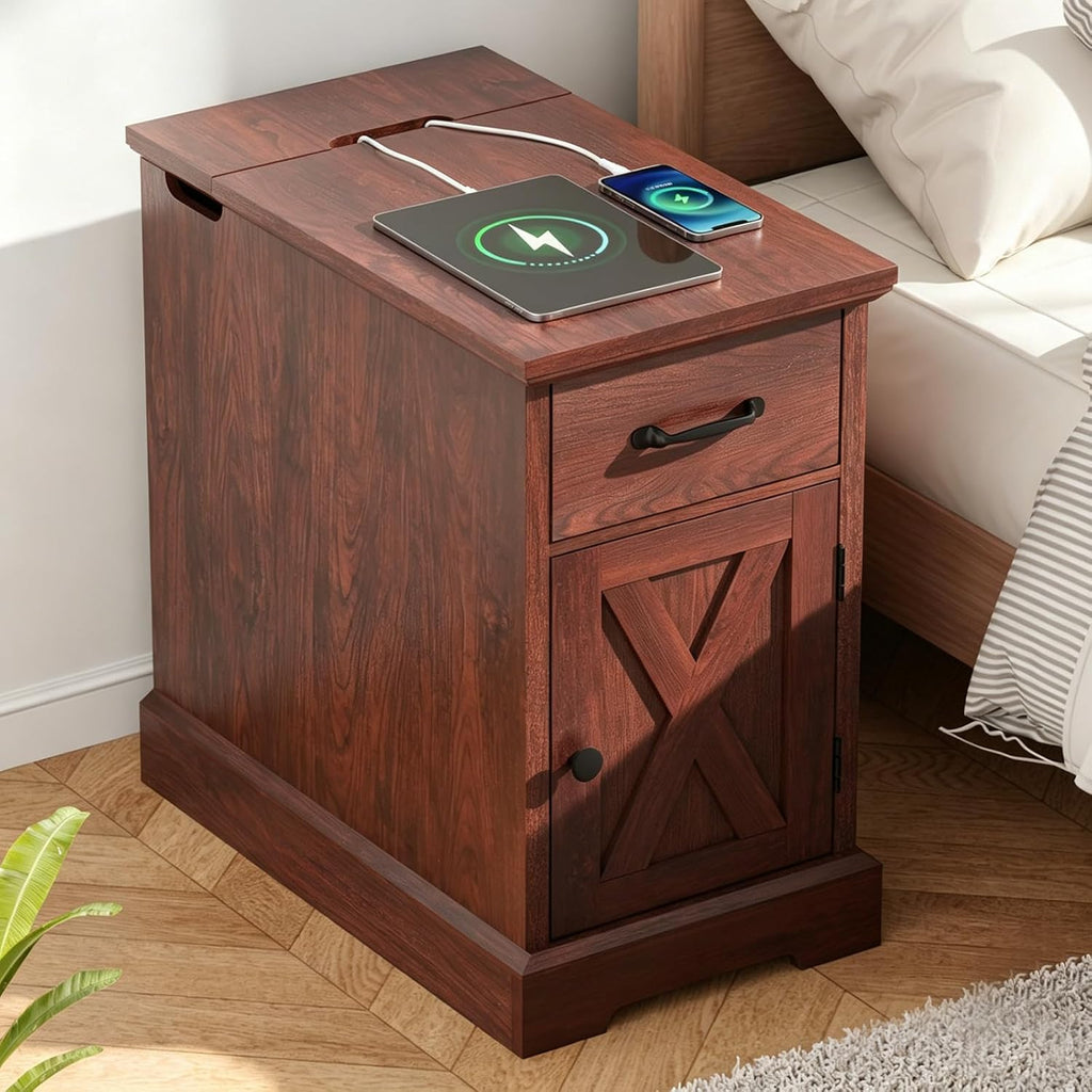 HOMMPA 23.6'' Farmhouse Narrow End Table w/Charging Station Rustic Cherry