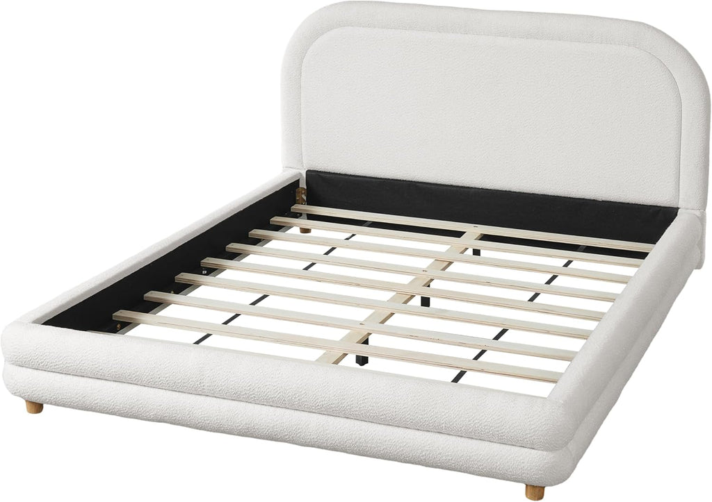 Virubi Queen Size Boucle Upholstered Bed Frame with Boucle Upholstered Thick Curved Headboard, Modern Half-Round Design Platform Bed with Solid Wood Legs, White (Queen)