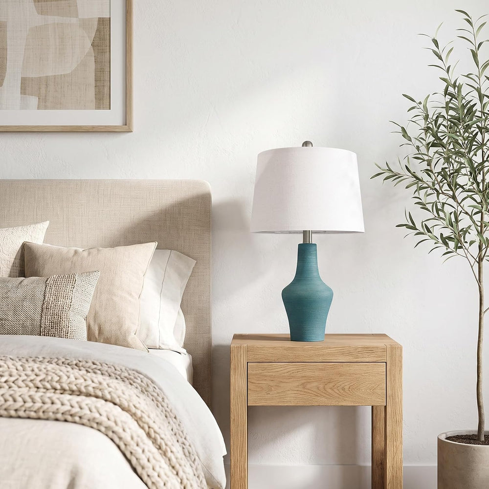 23" Farmhouse Ceramic Table Lamp Modern Bedside Lamps Matte Teal