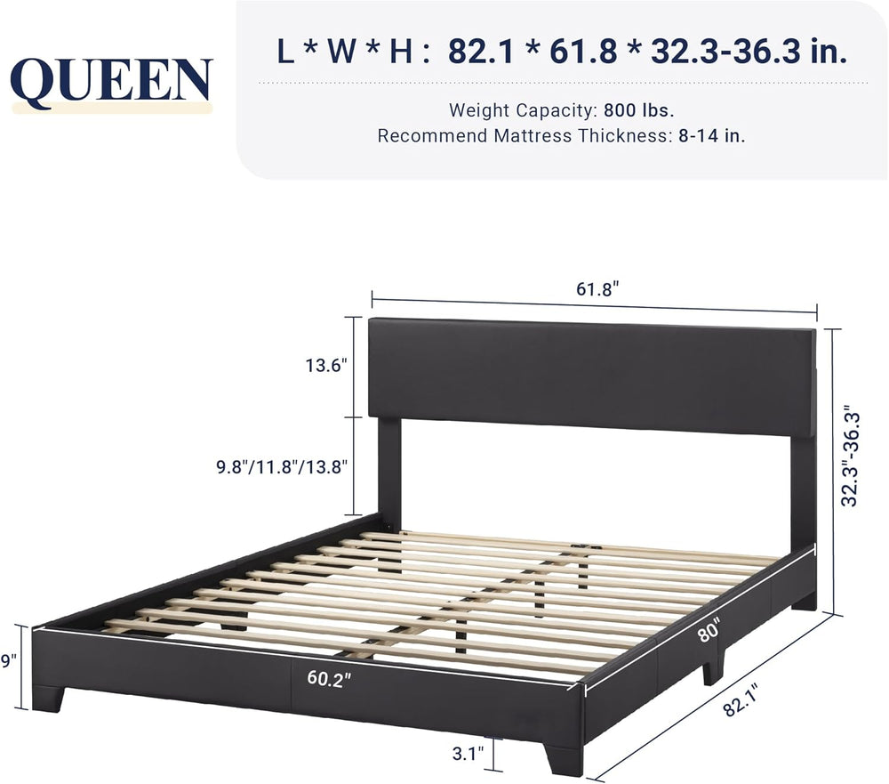 Allewie Queen Size Faux Leather Bed Frame, Adjustable Headboard, Black
