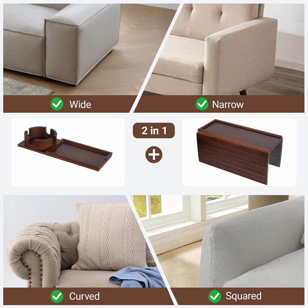 Bamboo Sofa Armrest Tray, Foldable Couch Arm Tray Side Table, 2 in 1 Anti-Fal...