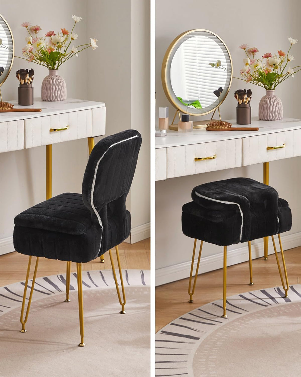 IBUYKE Vanity Stool with Storage, Folding Back Makeup Chair, Black WBD030B