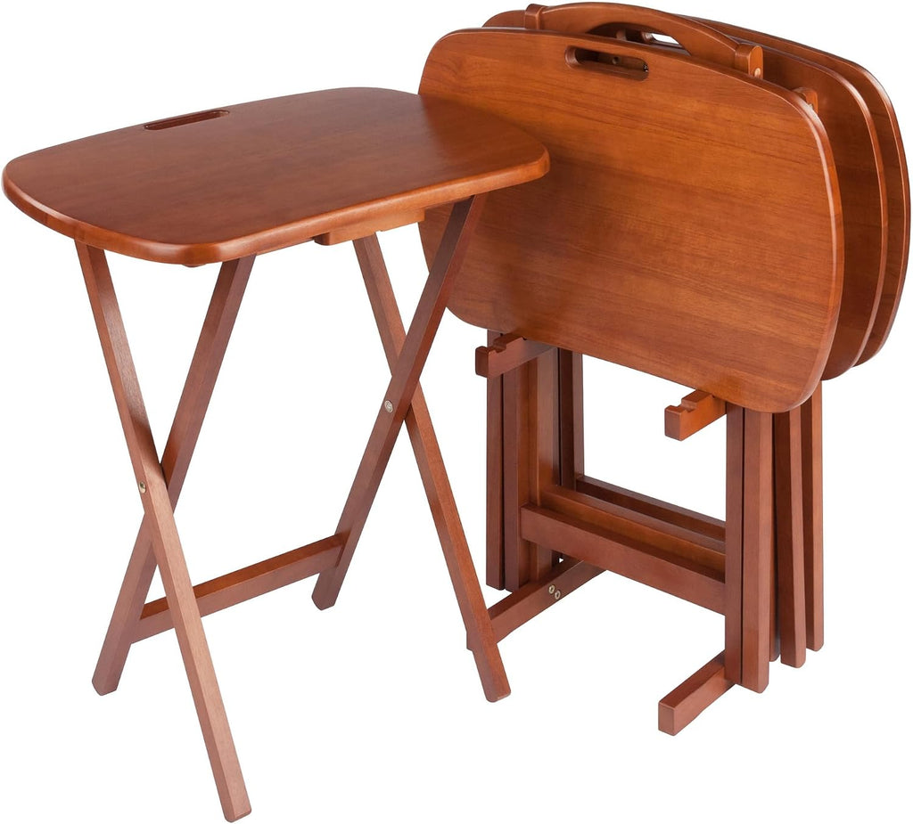 Winsome Lucca Set of 4 Foldable Snack Tables with Storage Rack, Teak