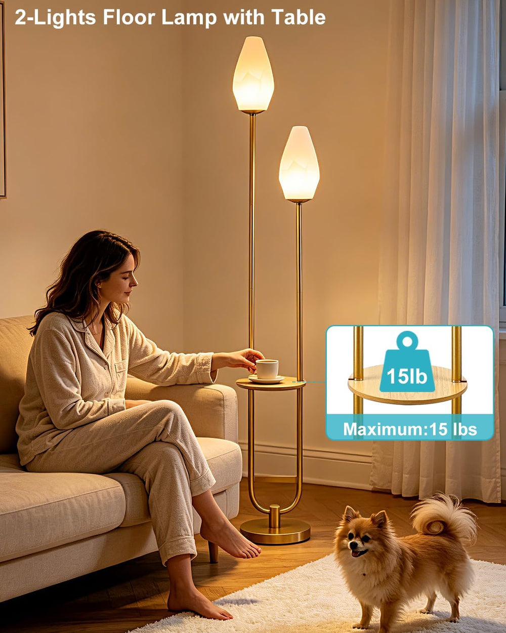 Lightdot 63IN Gold Floor Lamp with Shelf Mid Century Tall Standing Lamps with...
