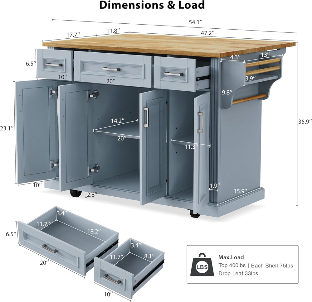 54" Gray Blue Kitchen Island with 3 Drawers, Drop Leaf and Wheels
