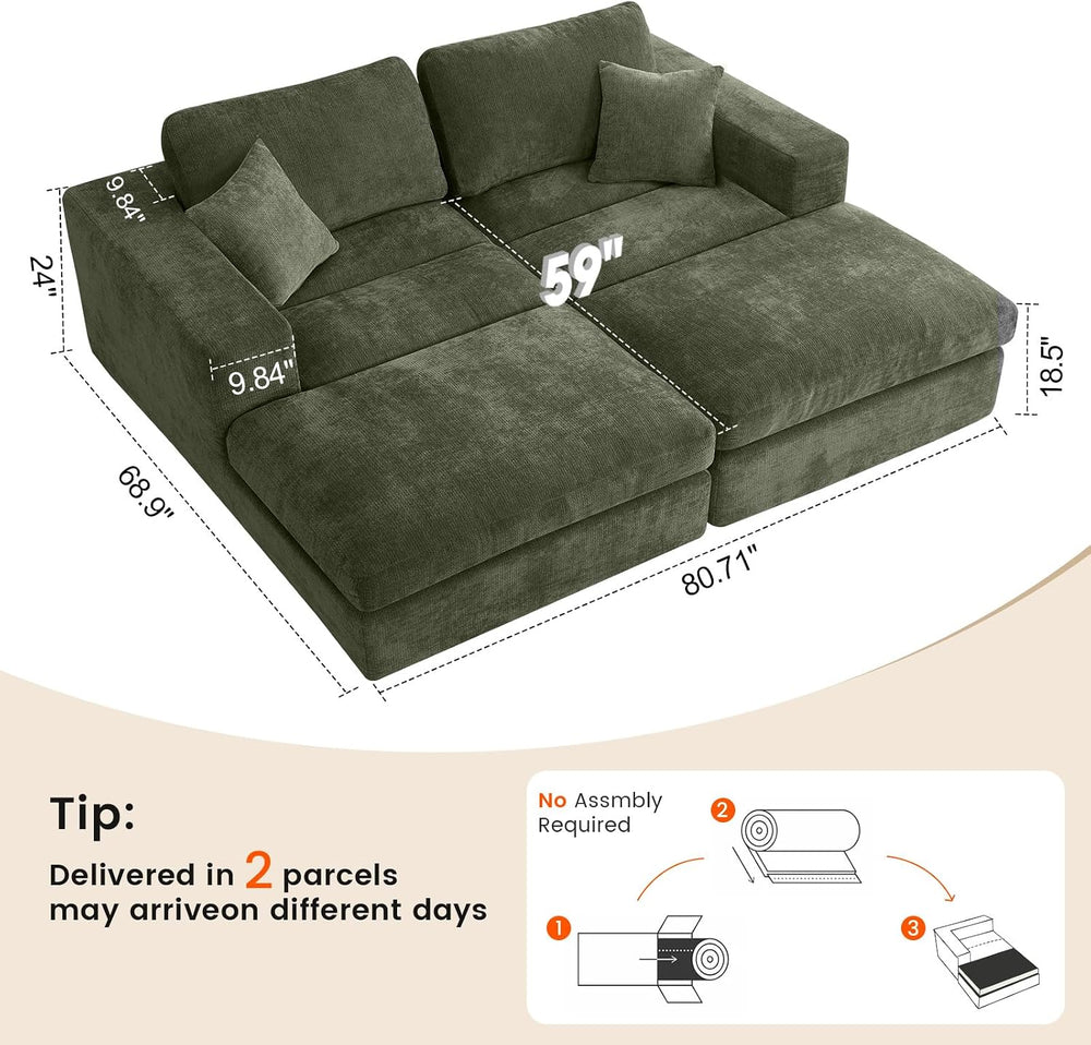 Oversized Double Chaise Lounge Chair, Cloud Boneless Sofa Bed, Green