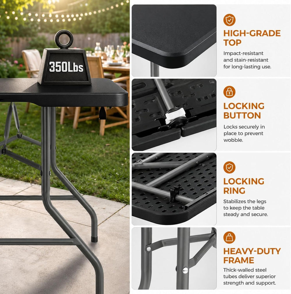 Fenbeli 5FT Folding Table, Upgraded 18% Thickened HDPE Top, 350 LBS, Black