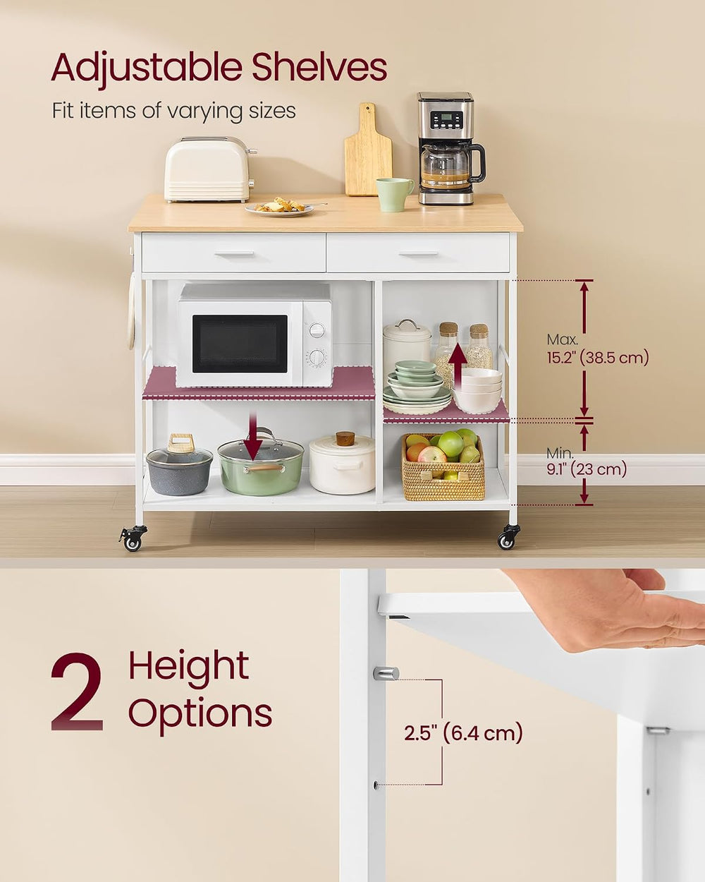 VASAGLE Kitchen Island Cart with Storage, 2 Drawers, Towel Rack