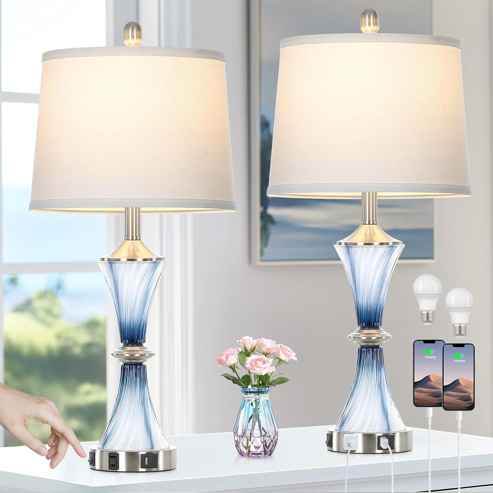 Rinweey Blue Glass Table Lamp Set of 2 with USB C+A Ports & AC Outlet, Be...
