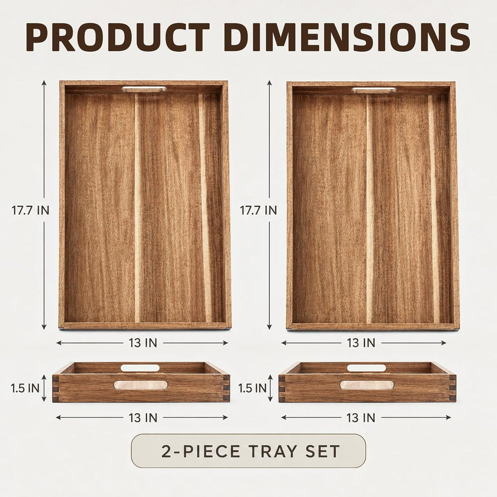 Solidith Acacia Wood Serving Tray with Handles Set of 2 for Serving Food