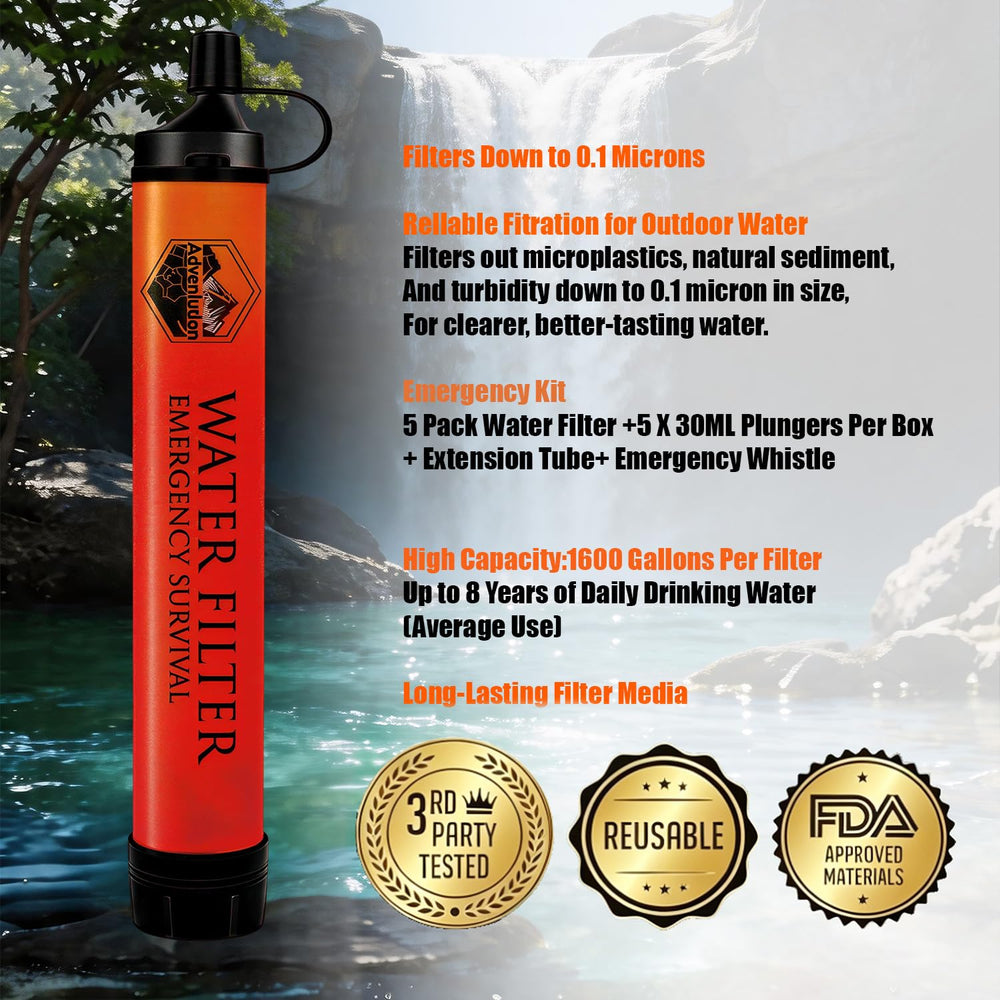 5-Pack Personal Water Filter Straw with Emergency Whistle
