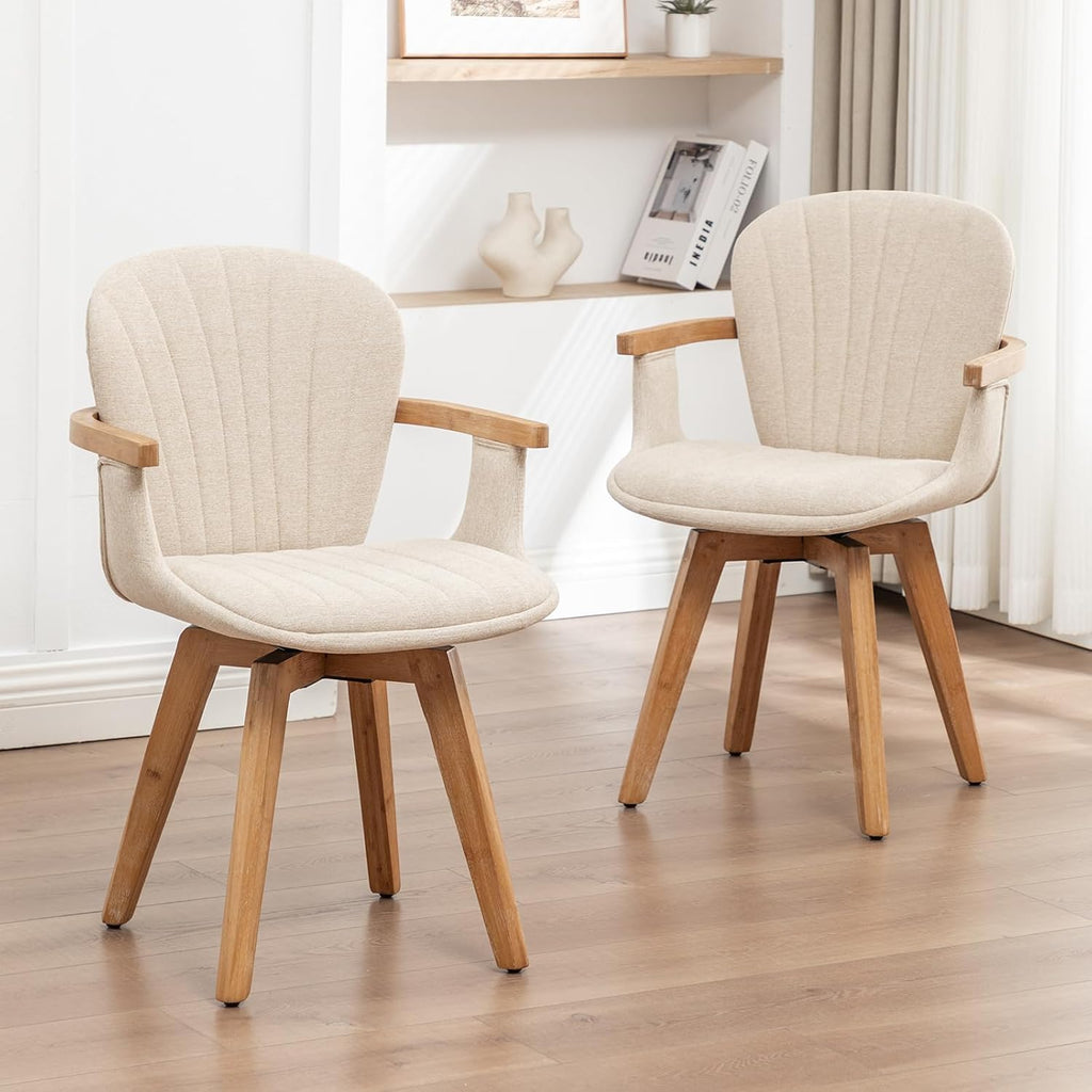 LUNLING Swivel Dining Chairs Set of 4 with Arms Mid Century Modern Beige Charcoal Linen Look Fabric Kitchen Chairs,Bamboo Wood Legs Side Chairs No Wheels,Accent Chair for Offices