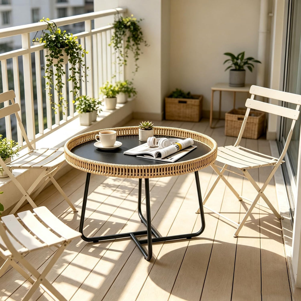 Small Boho Coffee Table Round Rattan, 20 inch Side Table Wicker Metal Legs