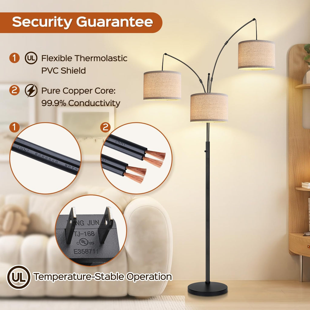 Dimmable 3 Lights Floor Lamp - 3000LM Super Bright Arc Floor Lamps for Living Room, Modern Tall Standing Lamp With Beige Shades, Mid Century Tree Floor Lamp for Bedroom Office, 3 LED Bulbs Included