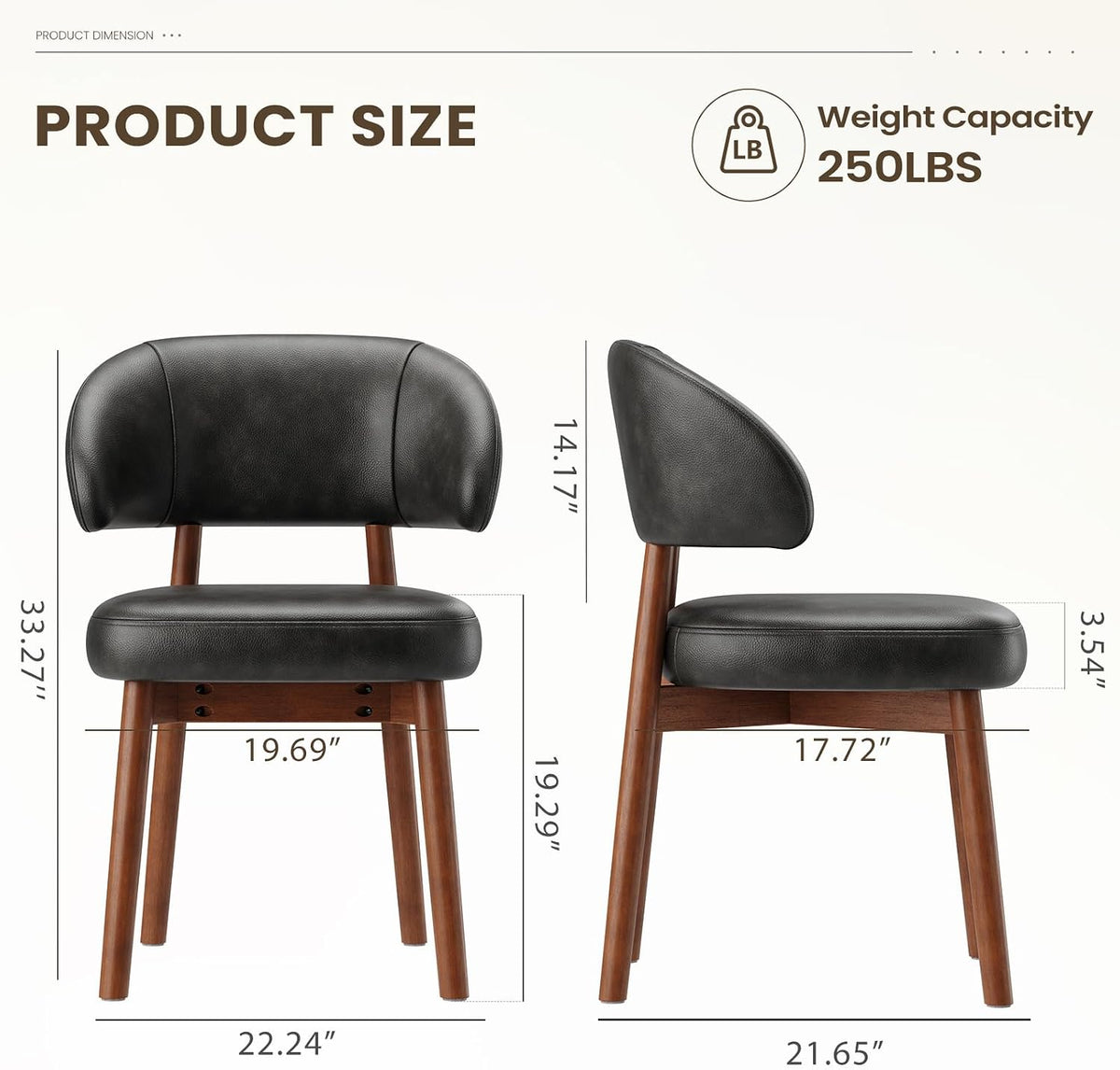 MALOL Wooden Dining Chairs Set of 2, Modern Upholstered Dining Room Kitchen Side Chairs with Curved Open Back for Living Room/Restaurant/Cafe, Black