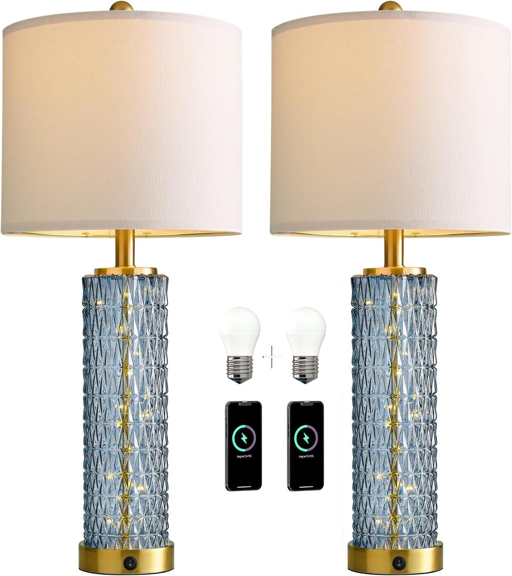 Oneach 27.75" Blue Table Lamps Set of 2 with LED Nightlight for Bedside
