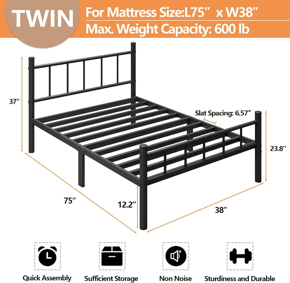zizin Twin Size Metal Bed Frame with Headboard & Footboard 14 Inch Metal ...