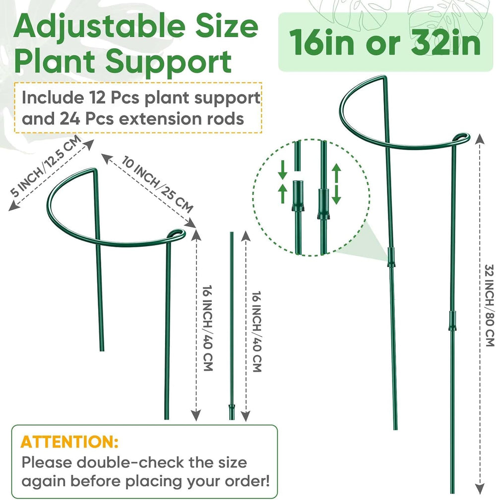 12 Pack 32 or 16 inch Adjustable Plant Support Stakes, Heavy-Duty Half Round ...