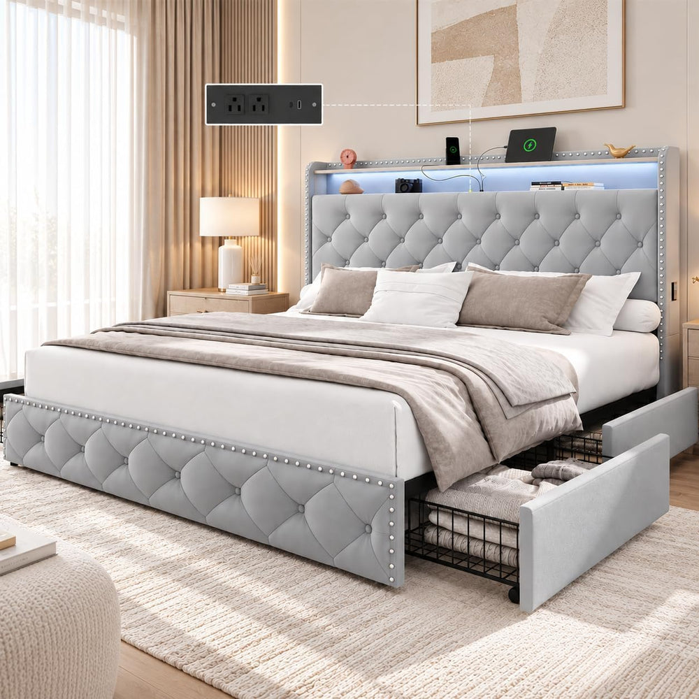 LARMACE King Bed Frame with 4 Storage Drawers, LED & Charging Station