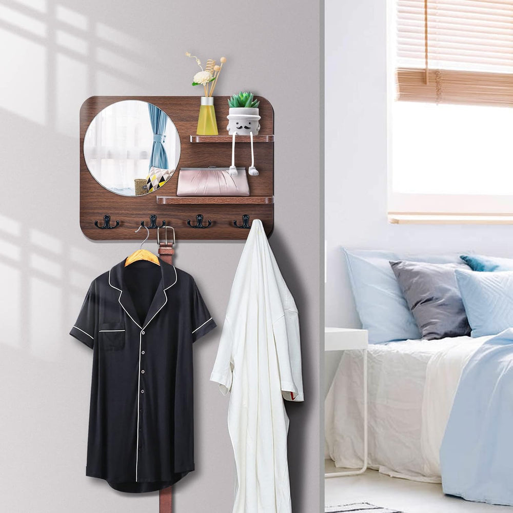 Coat Rack Wall Mount with Shelf & Mirror Decorative Entryway Hook
