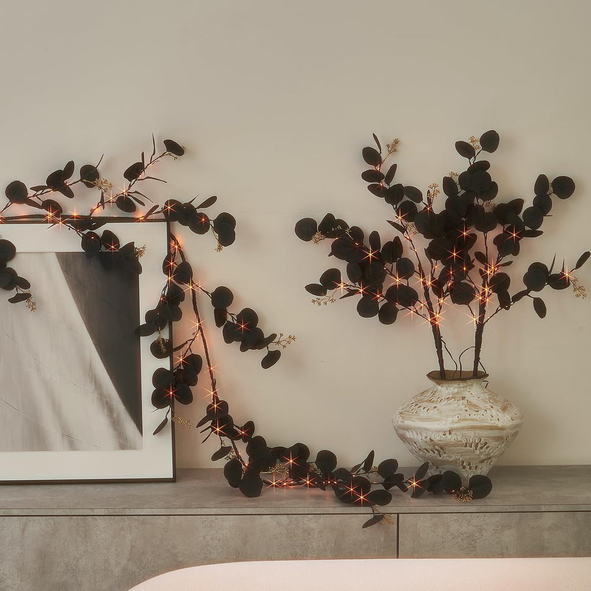 Hairui Lighted Black Eucalyptus Garland with Timer 96 LED Orange and Warm White Fairy Lights,Halloween Garland with Lights 6FT Battery Operated with 10 Functions for Fireplace Halloween Decoration