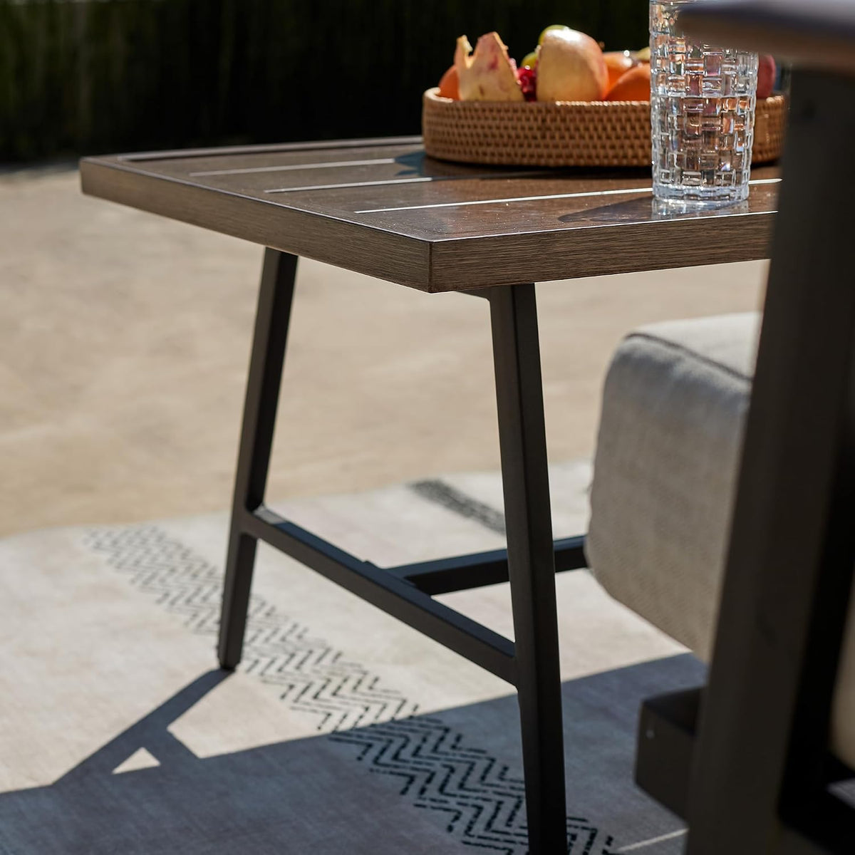natural expressions outdoor patio coffee table, woodgrain texture showing dimensions