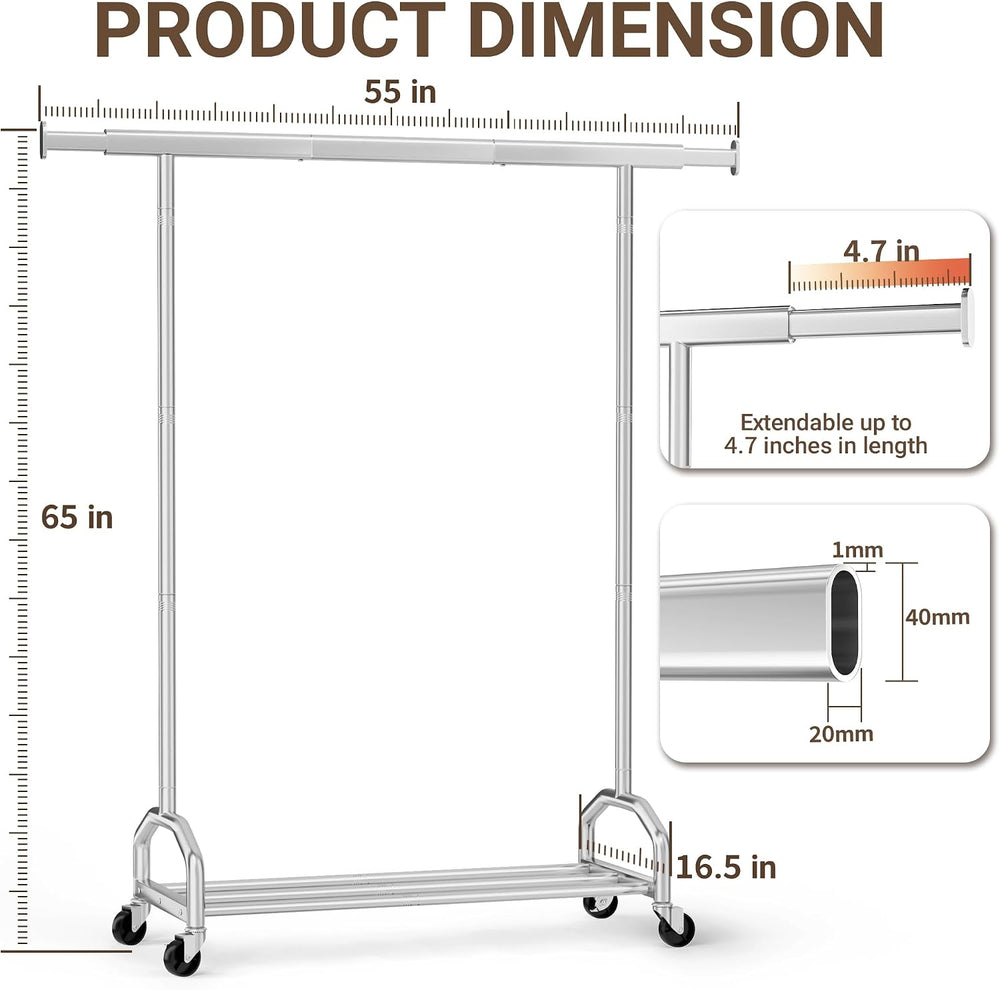 65" Metal Clothes Rack, Heavy Duty Rolling Clothing Rack 380LBS