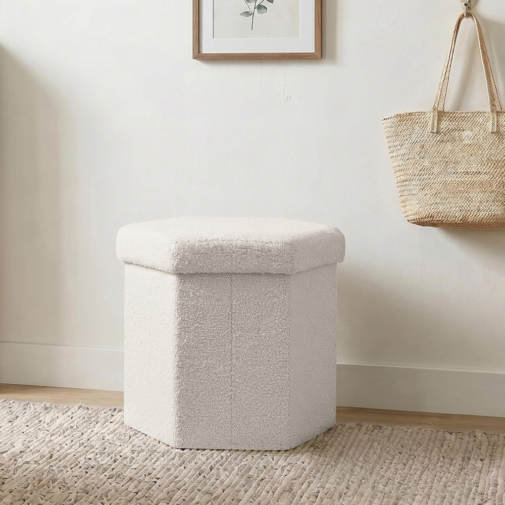 Hexagon Storage Ottoman, 15 Inch Foldable Footstool, Cream White