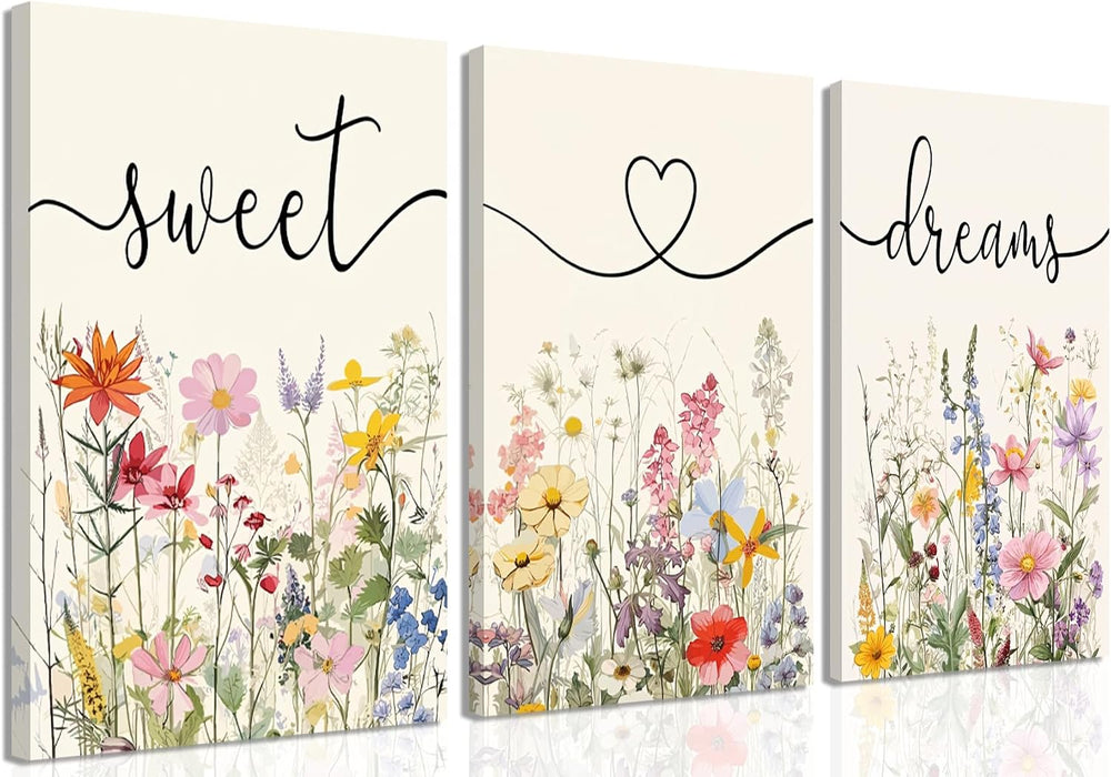 Framed Sweet Dreams Wall Art Set of 3, Colorful Wildflower Prints