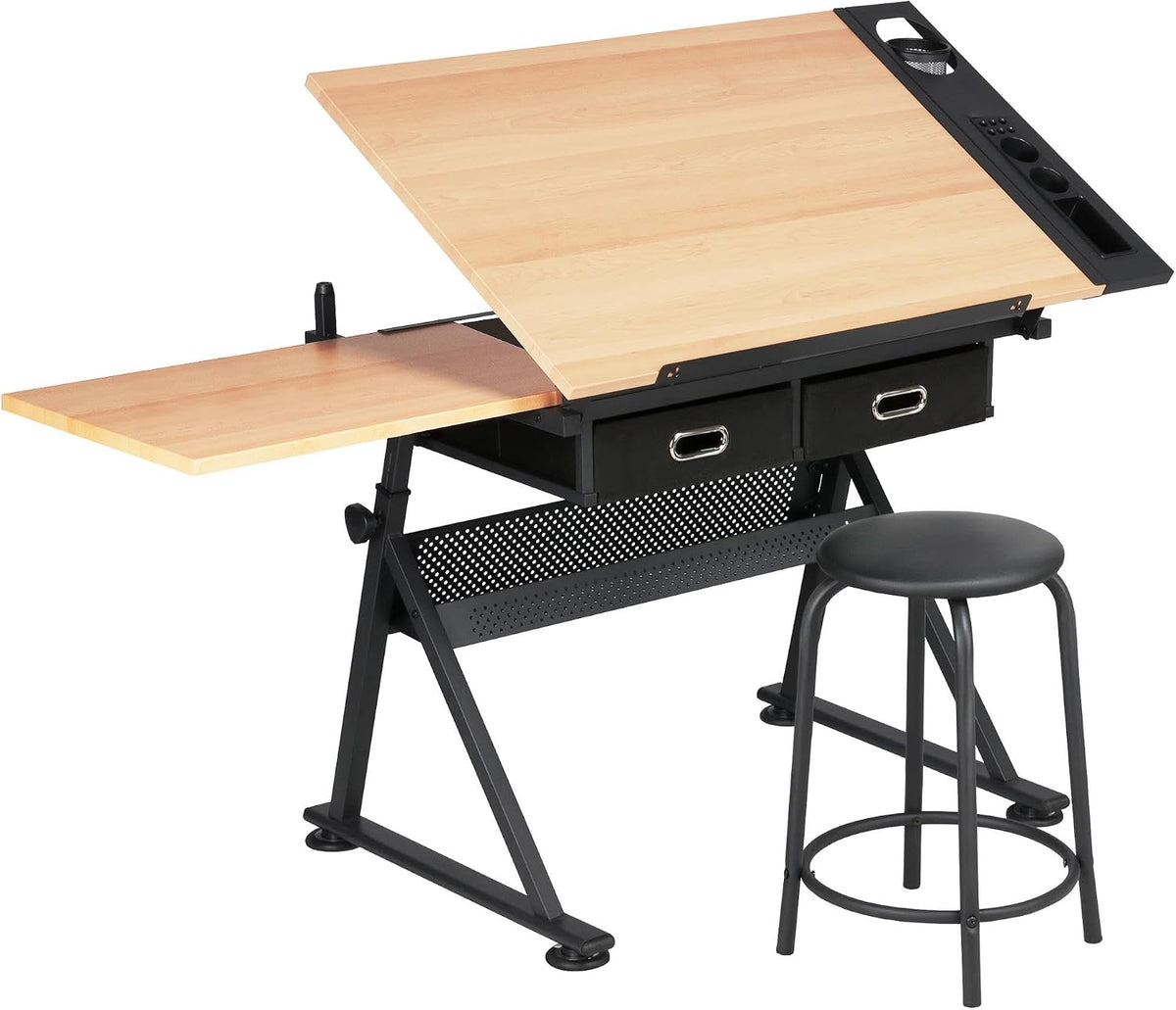 Yaheetech Adjustable Drafting Table Art Desk, Storage Drawers & Stool, Wood