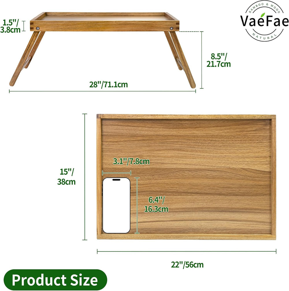 VaeFae Acacia Bed Tray Table with Folding Legs, Extra Large