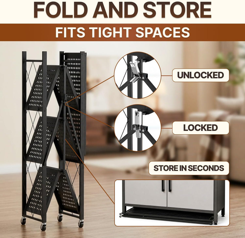 4-Tier Foldable Storage Shelf with Locking Wheels – 200+ lb Capacity Rolling ...