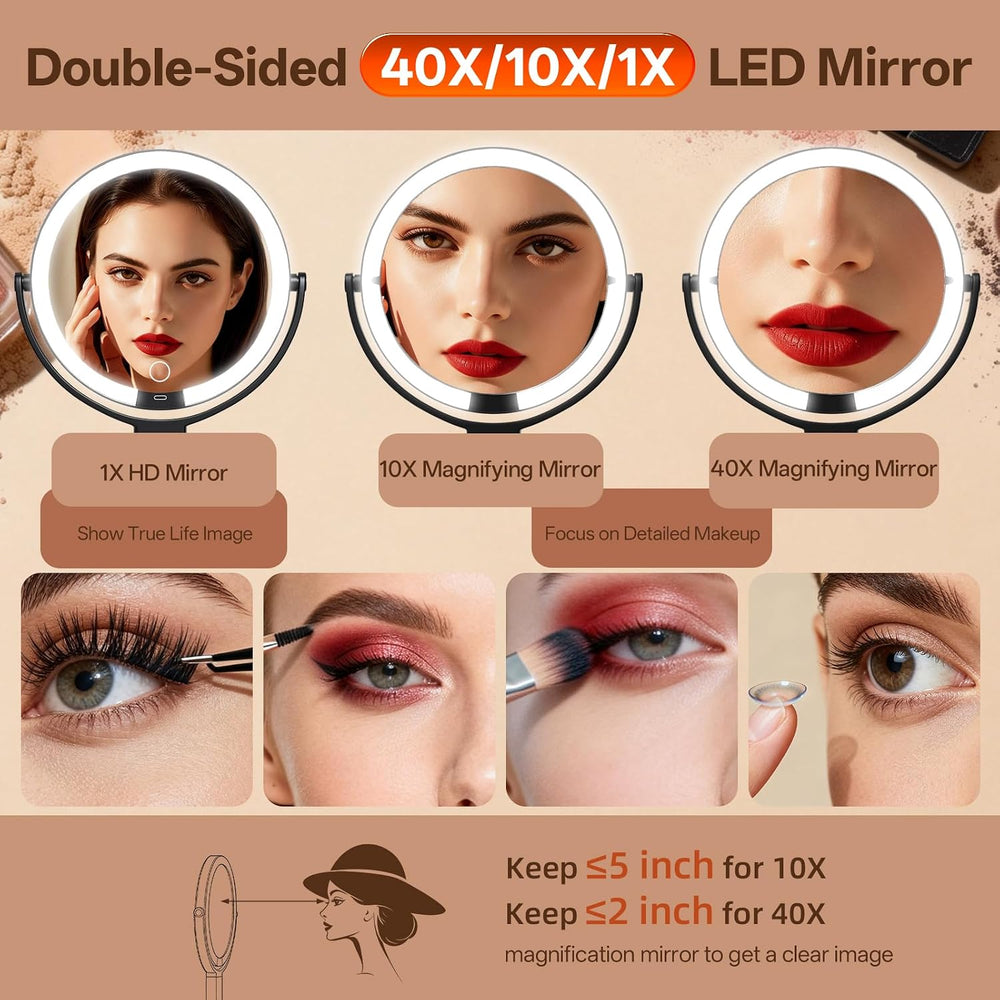 2-Sided LED Makeup Magnifying Mirror, Replaceable Magnifying Lenses-40X&10X