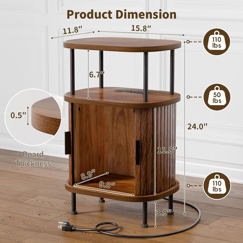 Fluted Nightstand, Walnut Bedside Table with Charging Station
