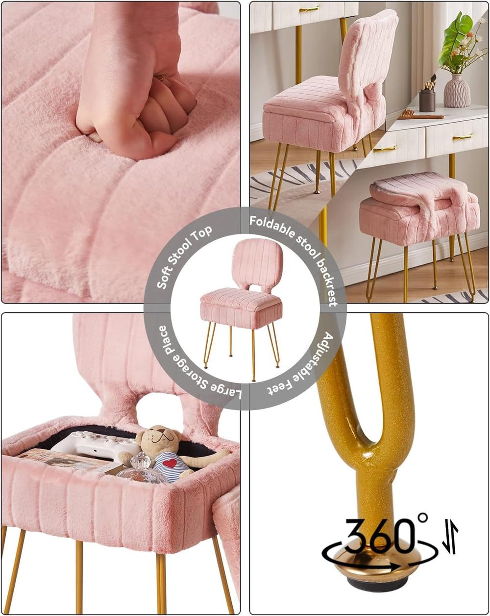 IBUYKE Vanity Stool with Storage, Folding Back Makeup Chair, Pink WBD030P