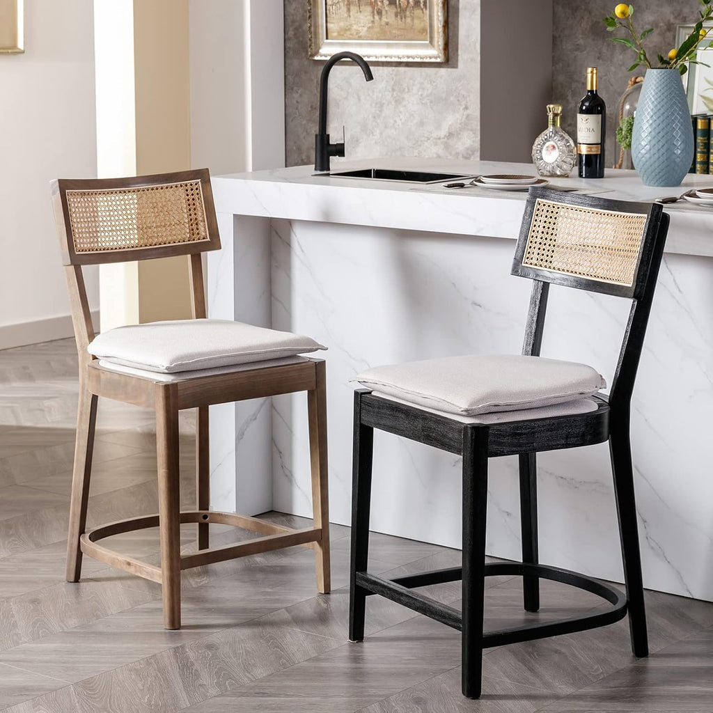 Rattan Counter Height Bar Stools Set of 2, 26" Wooden Bar Stools