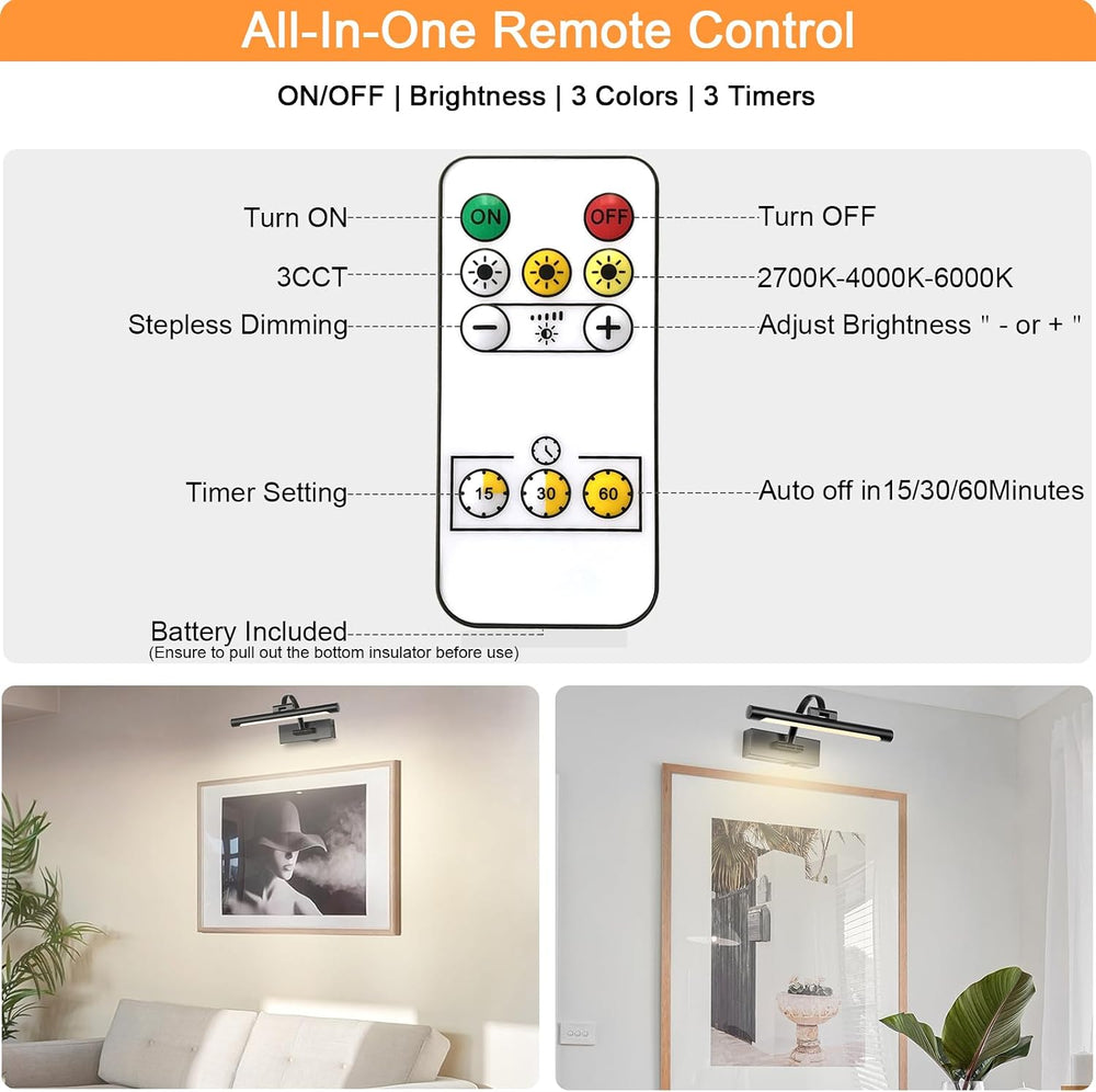 Tassuowell Battery Powered Picture Light with Remote and Timer,Full Metal Art...