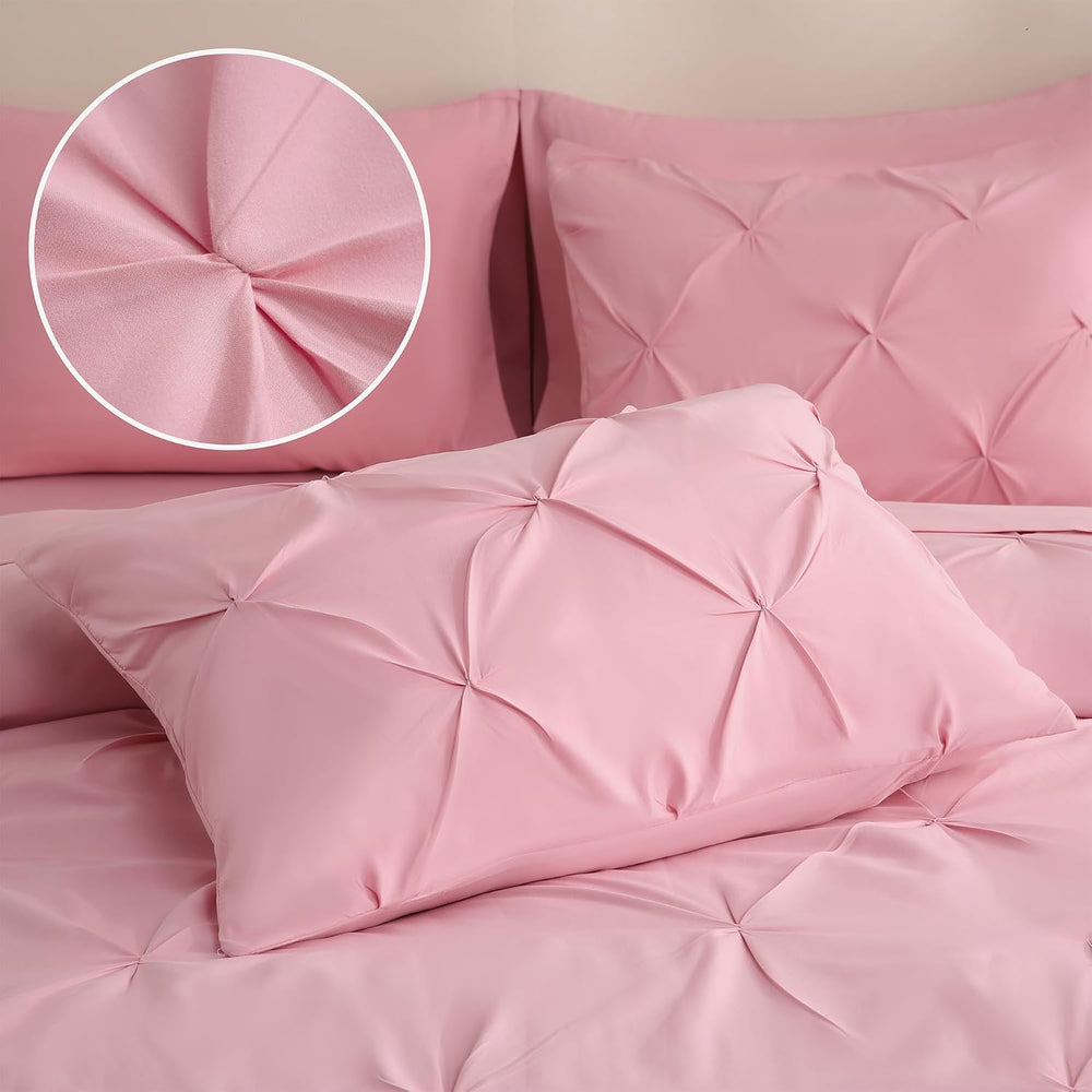 DOWNCOOL King Size Comforter Set, 7 Pieces Pink Pintuck Bed in a Bag