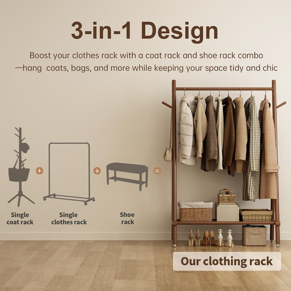 Muwuele Solid Wood Clothing Rack On Wheels for Hanging Clothes，Walnut