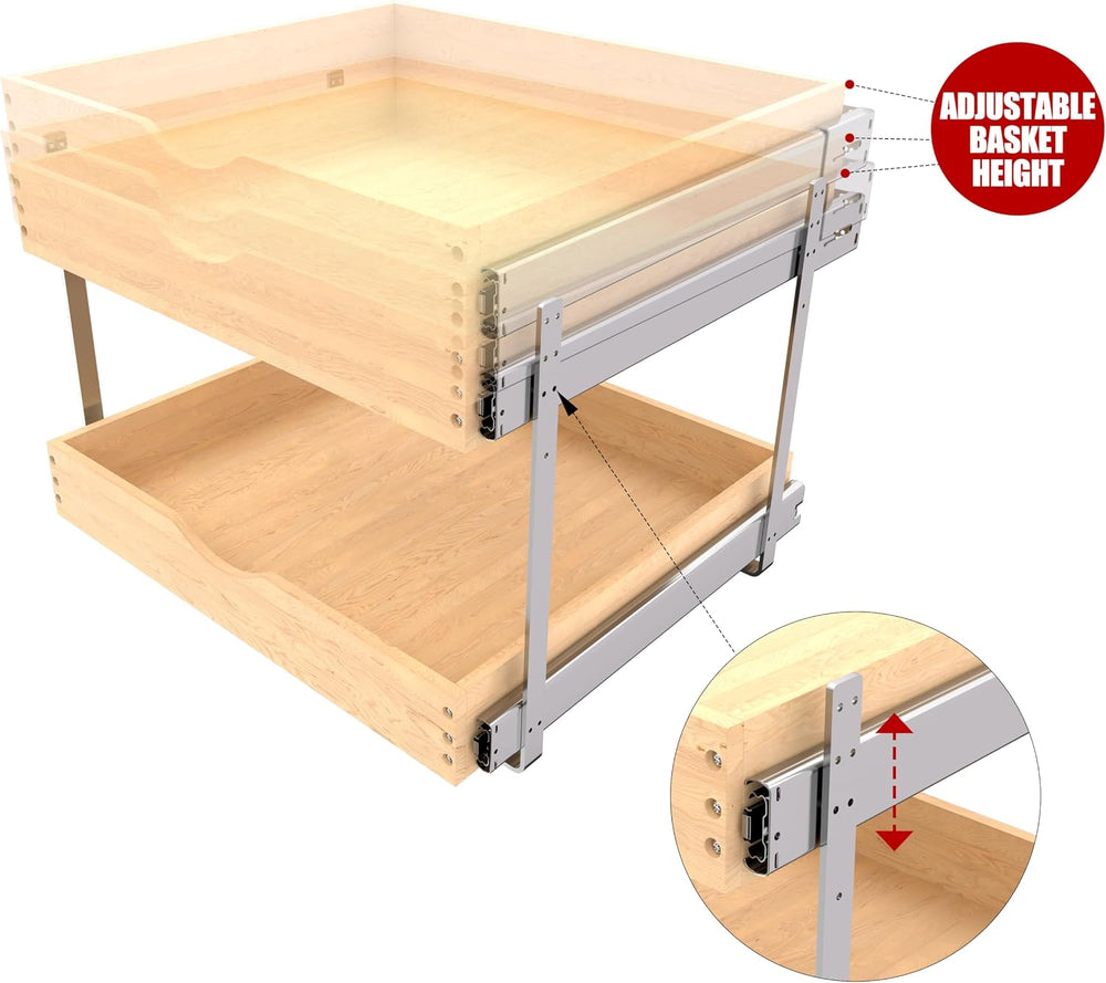 JOWBOOW 2 Tier Pull Out Cabinet Organizer 20"W x 22"D, Solid Wood